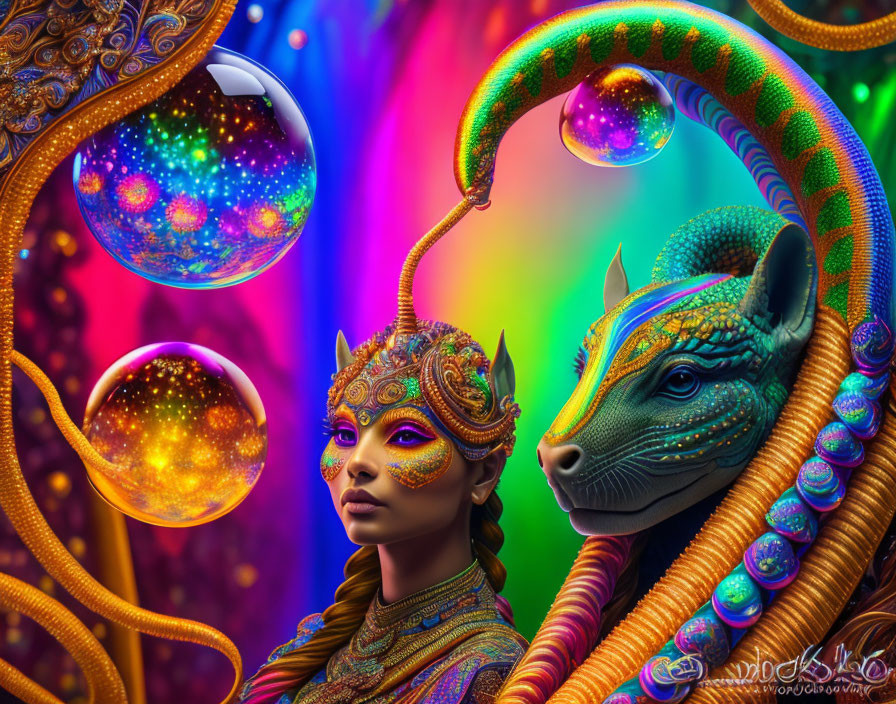 Colorful digital artwork: woman with headgear, dragon-like creature, orbs, rainbow.