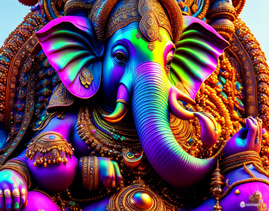 Multicolored digital artwork of Hindu deity Ganesha with rich purples and blues