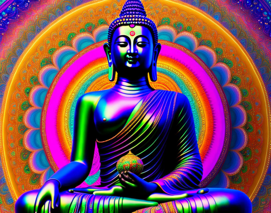 Vibrant psychedelic Buddha artwork with radiant aura