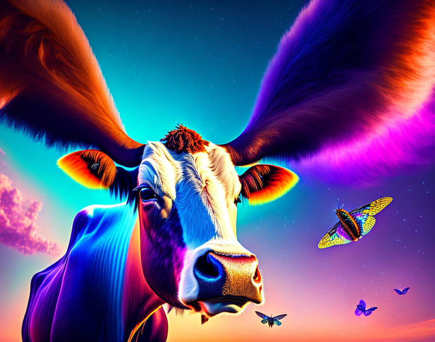 Colorful surreal cow with long horns in neon-lit sky.