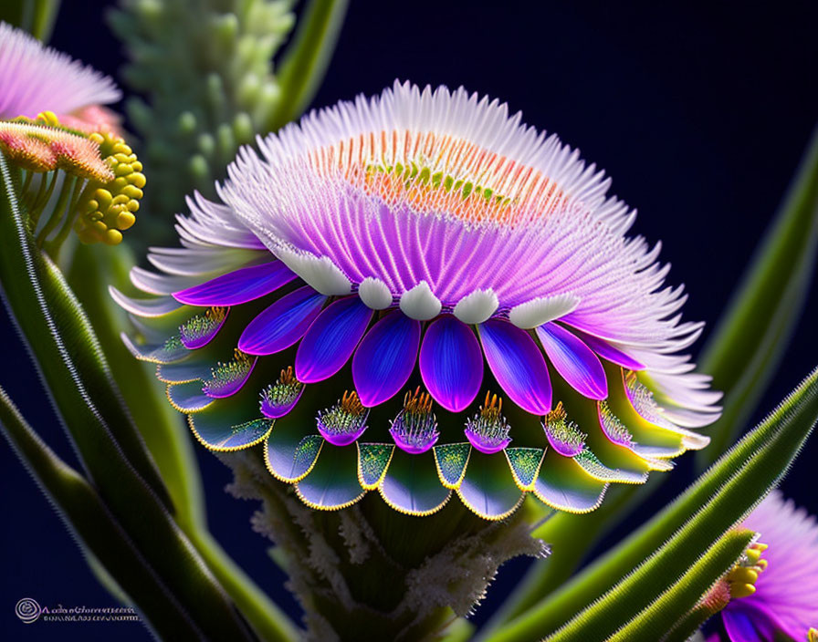 Vibrant purple and blue daisy-like flower with water droplets on dark background