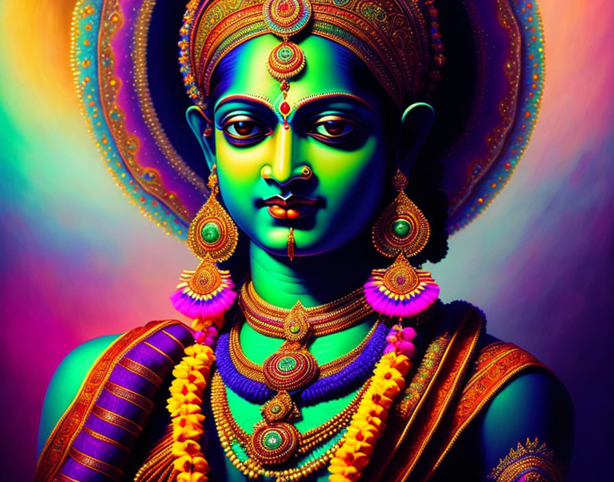 Colorful digital art: Deity adorned with ornate jewelry and peacock feather crown