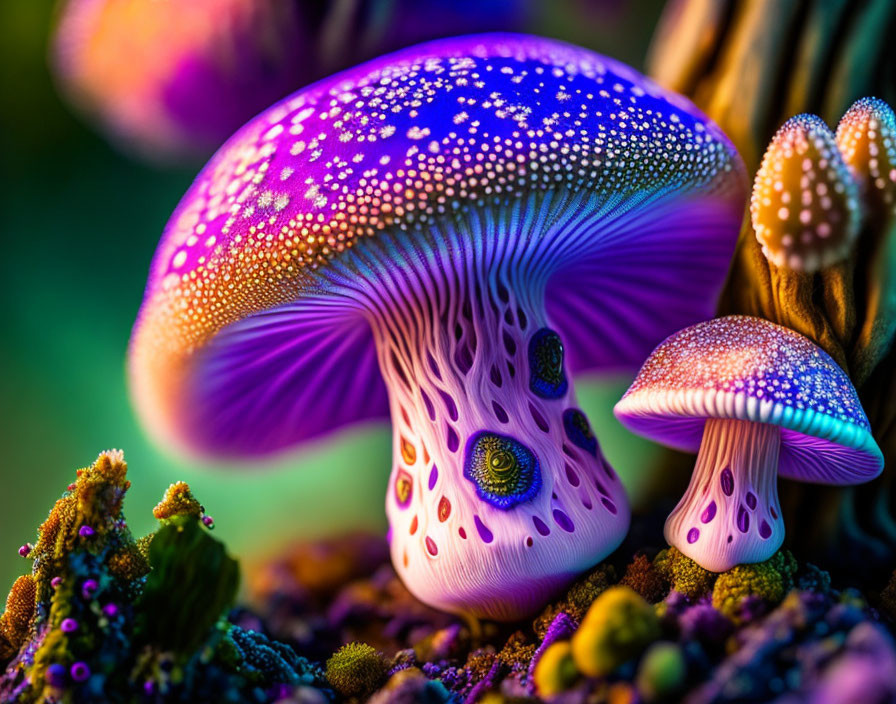 Vibrant image of iridescent purple mushrooms in enchanted forest