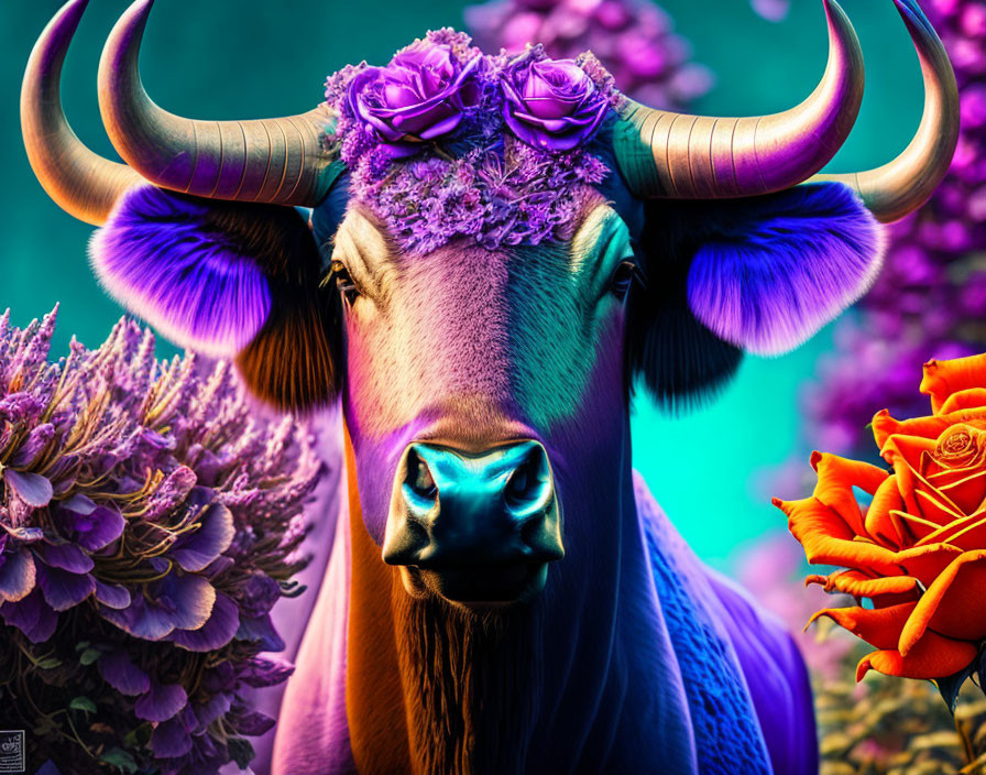 Colorful Cow Portrait with Floral Crown on Vibrant Background