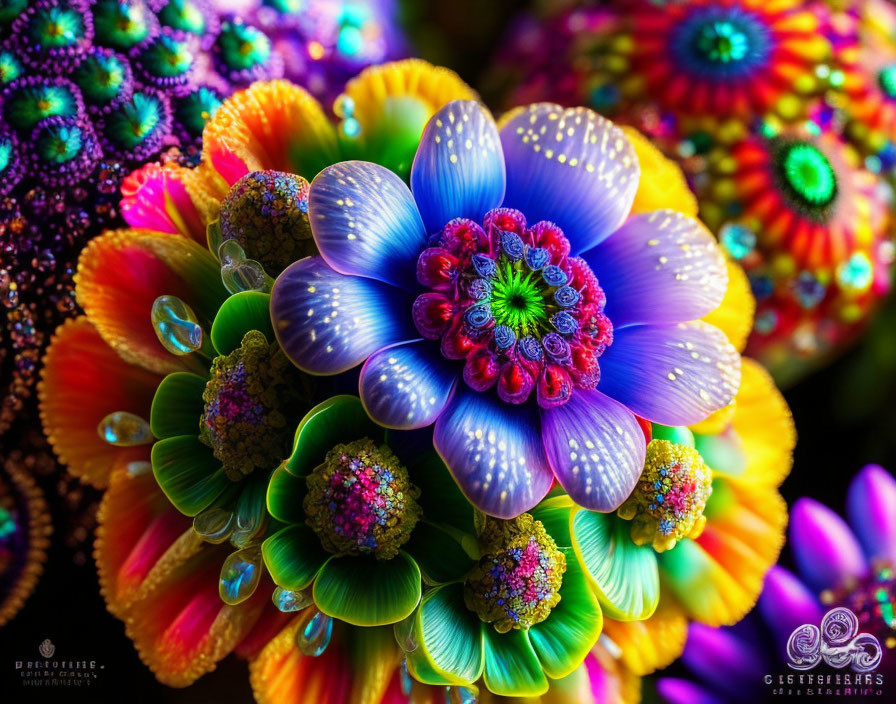 Colorful Fractal Flower Artwork with Dewdrops and Patterns