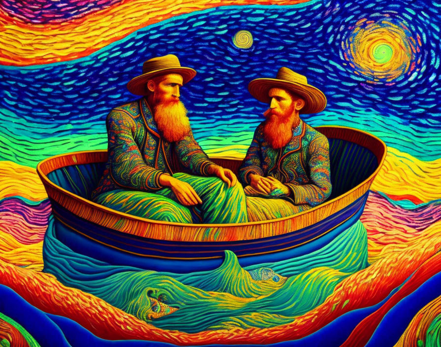 Bearded figures in boat with swirling, vivid sky & sea