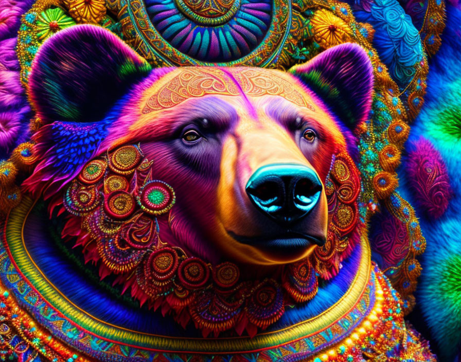 Vibrant psychedelic bear art with intricate patterns