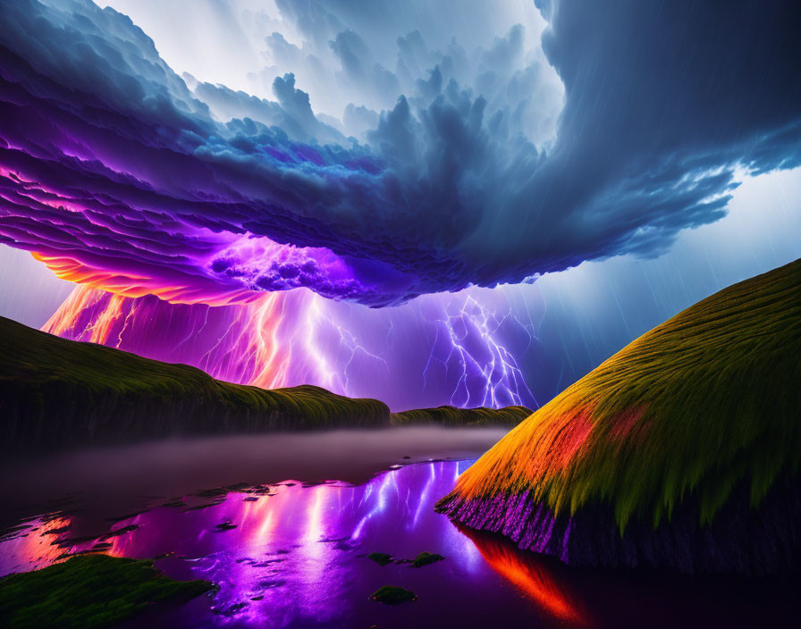 Dramatic storm cloud with vivid purple lightning over serene landscape