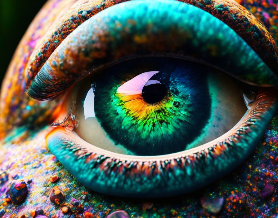 Colorful close-up photo of a vibrant eye with multicolored iris and water droplets.