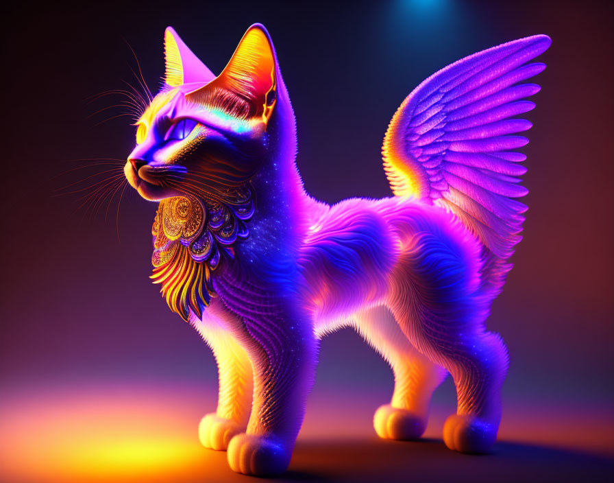 Colorful digital artwork: Winged cat creature with glowing eyes on gradient backdrop