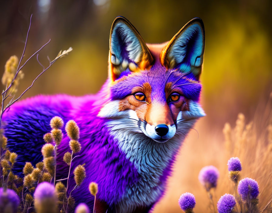 Purple Fox in Dreamlike Autumn Scene with Wildflowers