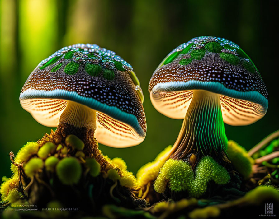 Luminous mushrooms with dotted caps in mossy forest setting