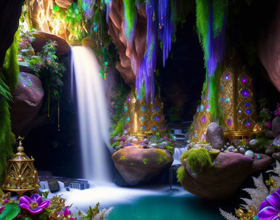 Mystical cave with waterfall, ethereal light, vibrant baubles, jewels, and golden