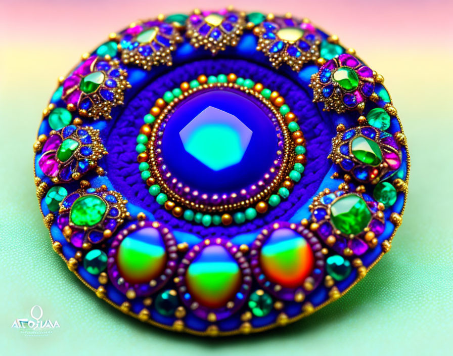 Circular Mandala Artwork with Blue, Purple, Green Hues & Gemstones