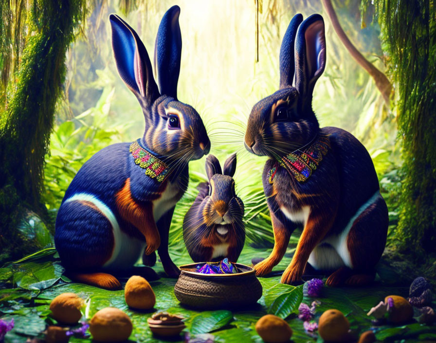 Vibrantly colored rabbits in lush forest with nuts and fruits