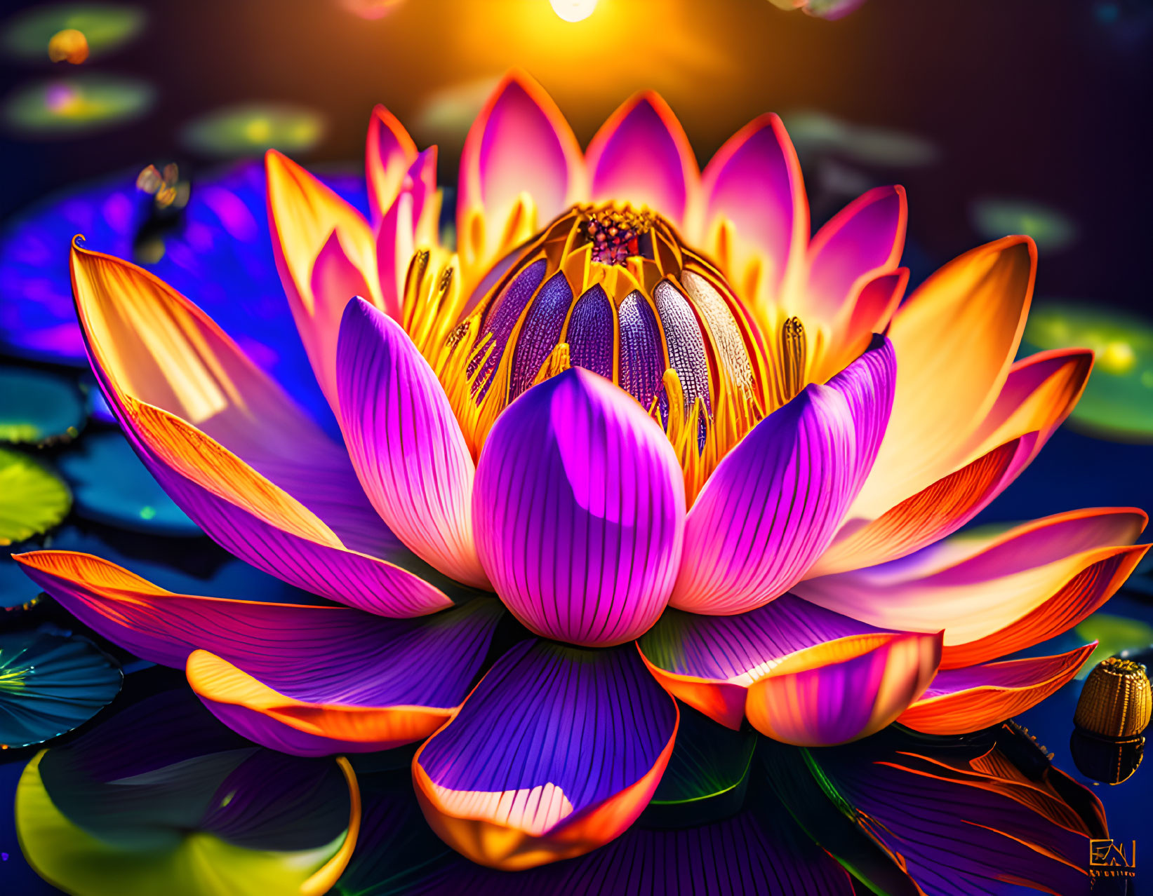 Colorful Lotus Flower Digital Art with Pink and Yellow Hues