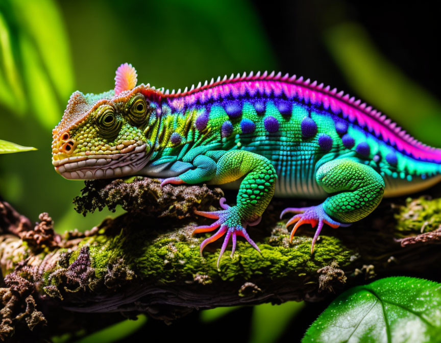 Colorful Chameleon on Branch in Lush Green Foliage