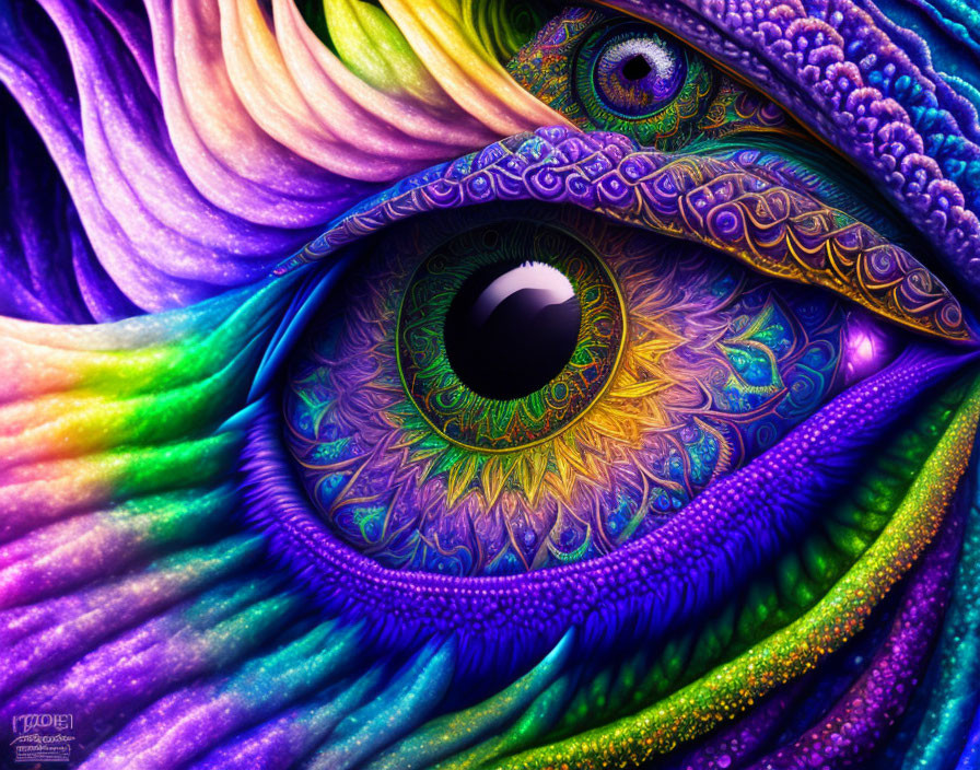 Colorful digital art: Detailed eye with swirling patterns reminiscent of peacock feathers