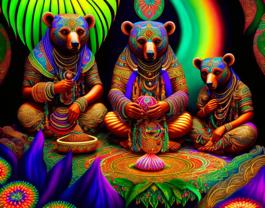 Colorful anthropomorphic bears in psychedelic setting.