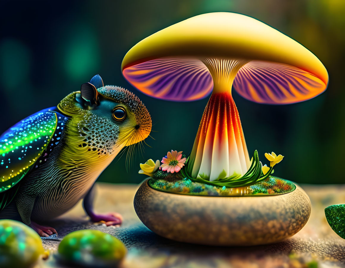 Colorful Stylized Squirrel with Fantastical Mushroom and Glowing Underside