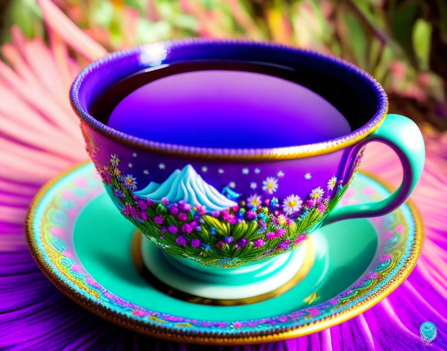 Colorful Floral Teacup on Saucer with Purple Liquid on Pink Background