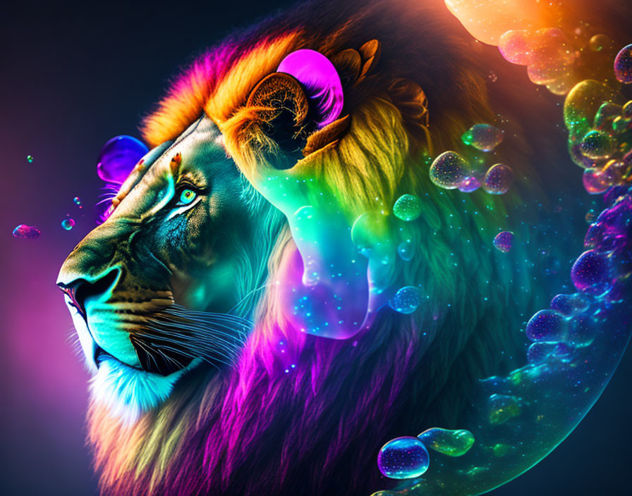 Colorful Lion Artwork with Neon Rainbow Palette