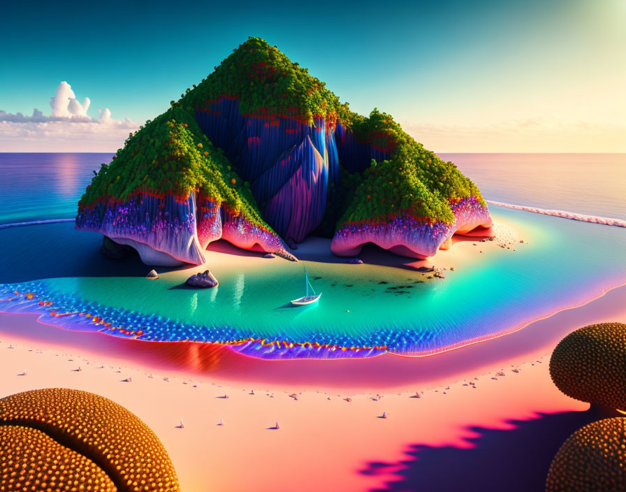 Colorful Mushroom Landforms Surrounded by Pink Beach and Turquoise Waters