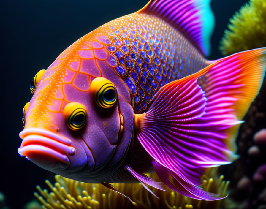 Colorful Tropical Fish with Purple and Orange Patterns in Dark Blue Aquatic Setting