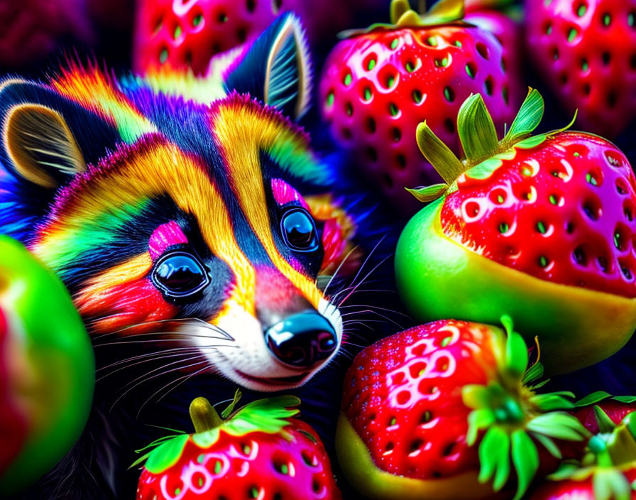 Colorful Illustration: Whimsical raccoon with rainbow hues amid juicy strawberries