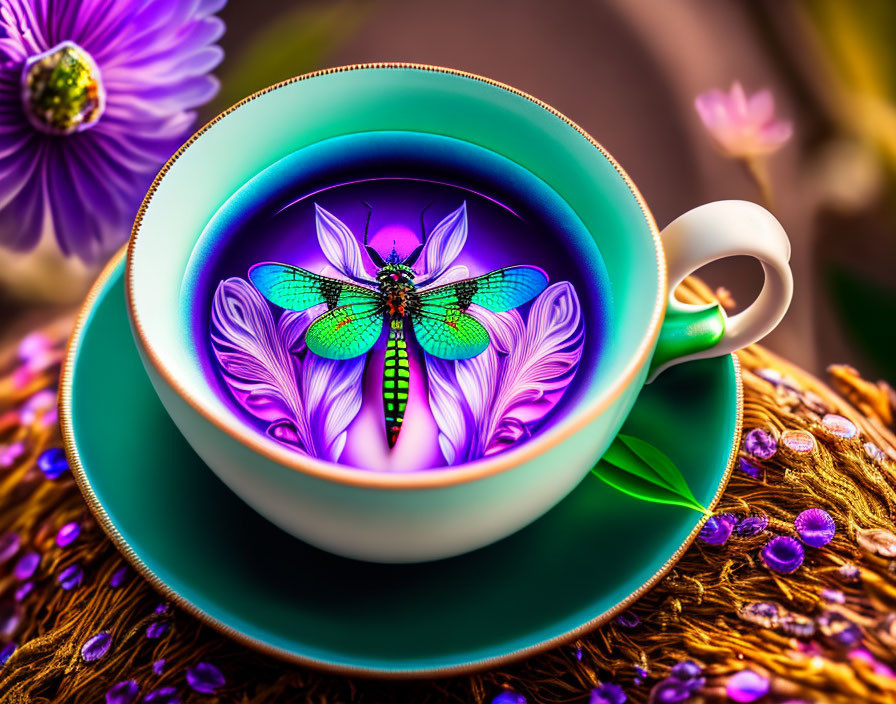 Colorful digital artwork: luminescent dragonfly in teal cup on textured purple surface with flower