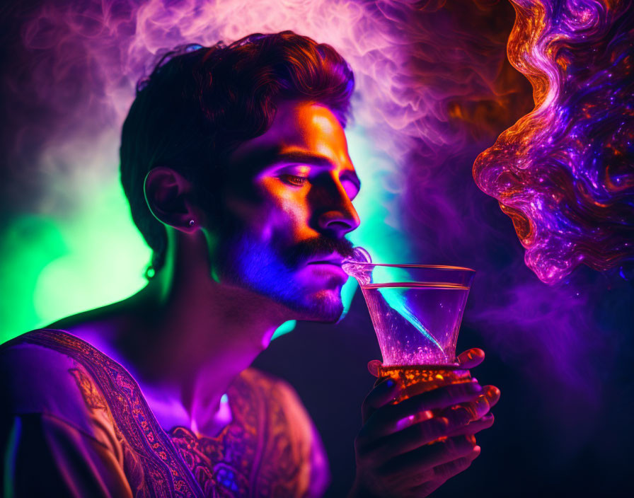 Stylish man sipping glowing cocktail in neon-lit ambiance