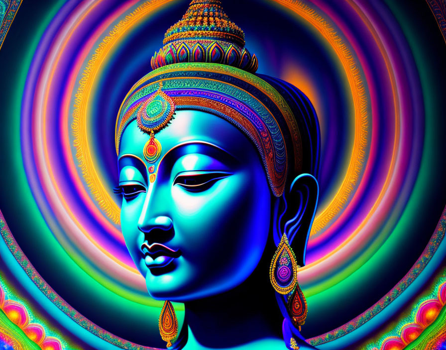 Colorful digital artwork: Serene Buddha face with intricate patterns