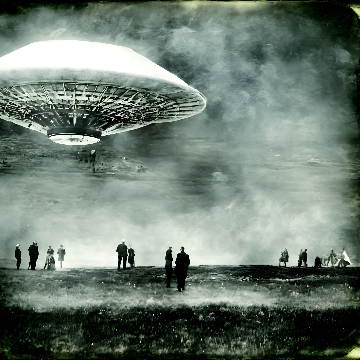 Stylized UFO hovering over silhouetted figures in misty landscape