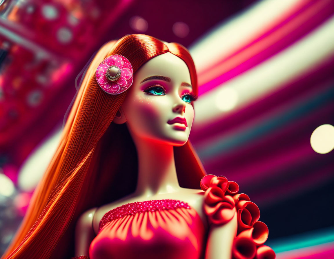 Colorful doll with red hair and pink dress on blurred light background