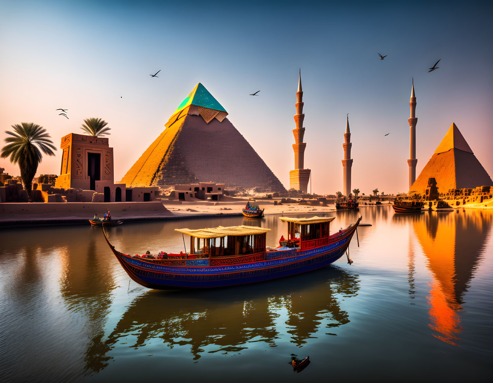 Great Pyramids of Giza, Nile boat, palm trees, mosque at sunset