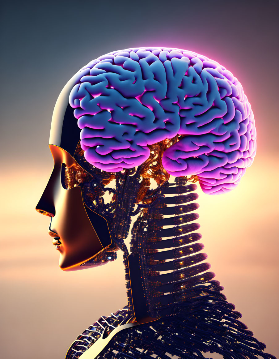 Golden-faced humanoid with transparent head showing purple brain on gradient backdrop