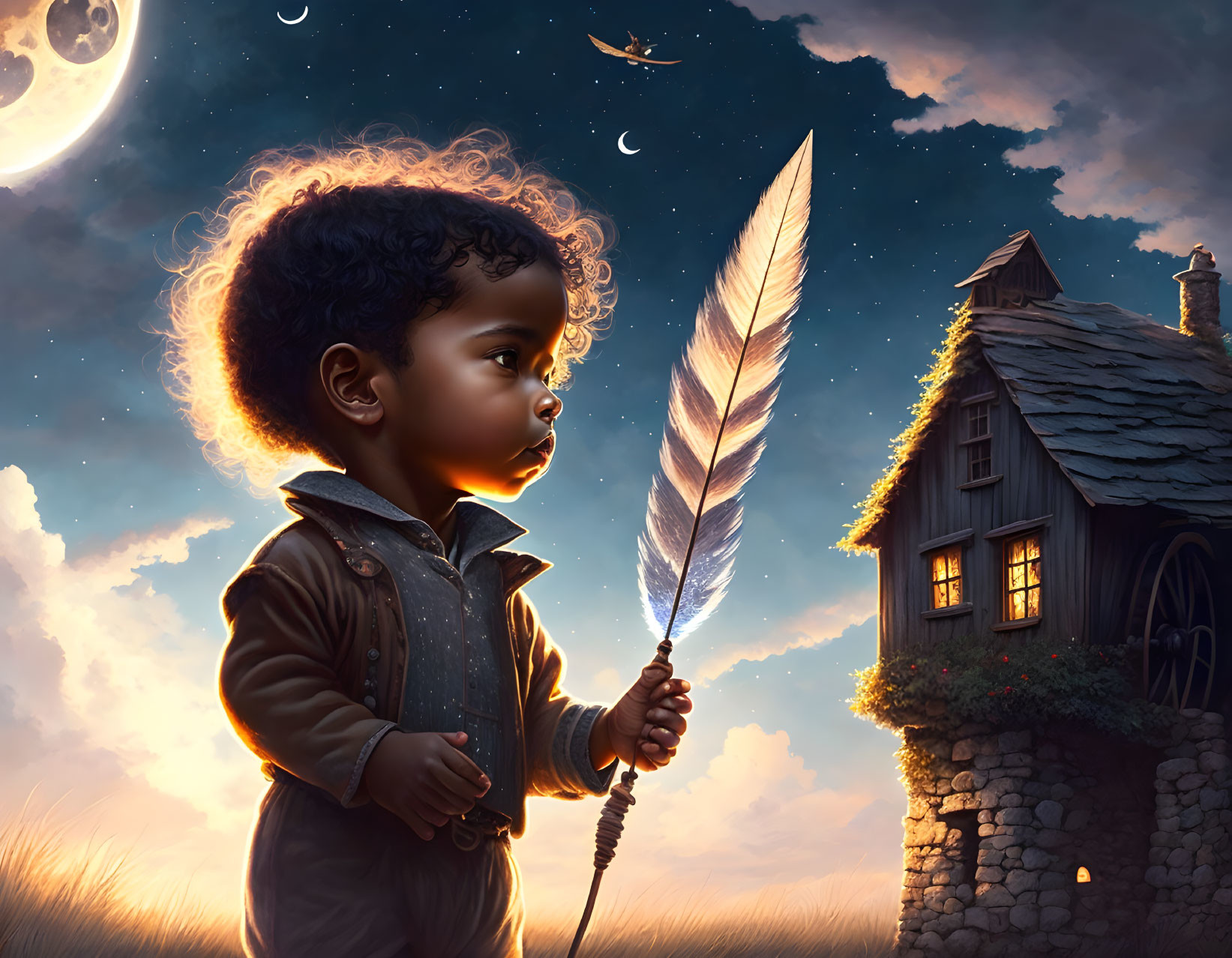 Child with Feather by Cottage: Twilight Scene with Floating Book and Moons