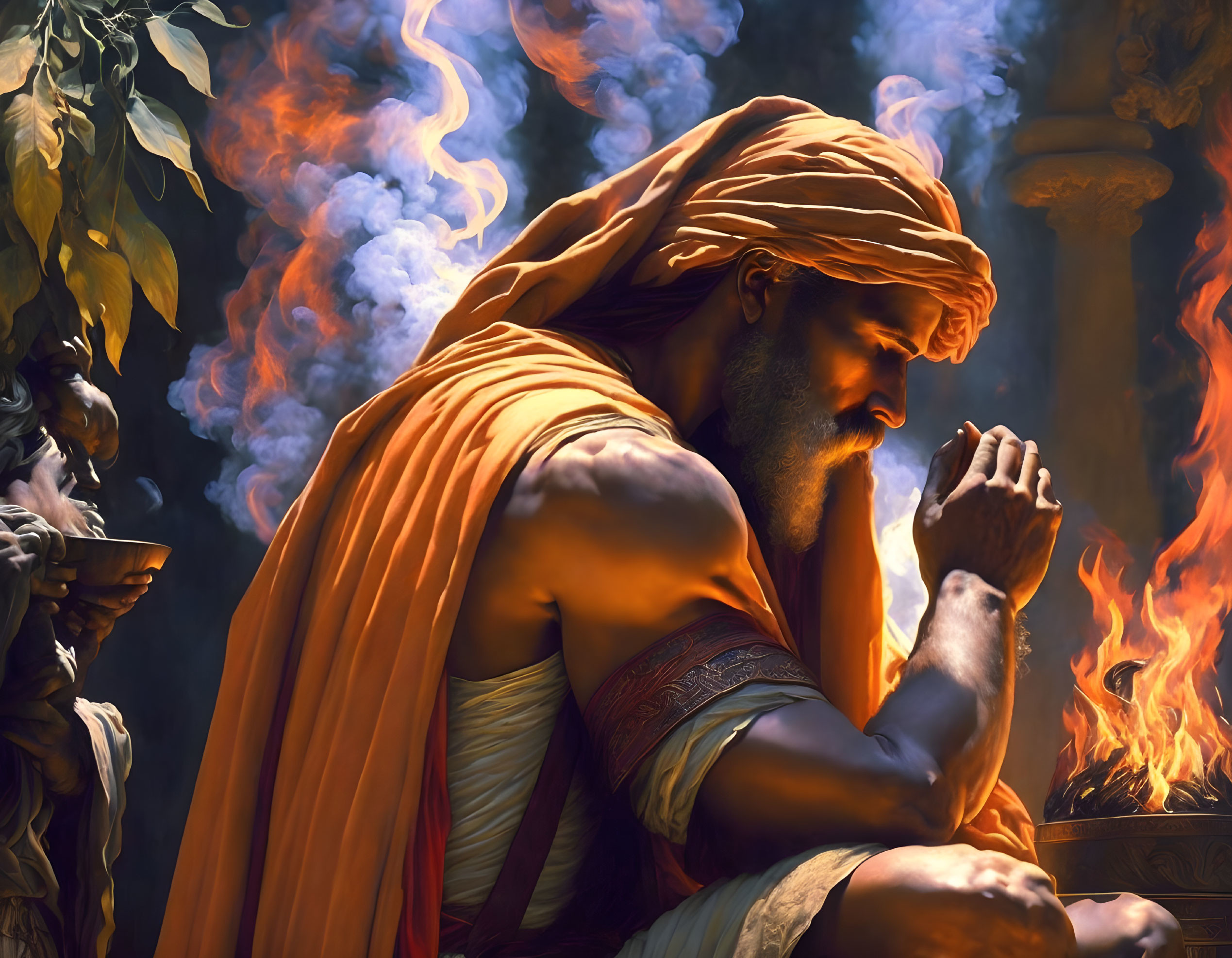 Ancient attire figure kneels by fire in contemplation