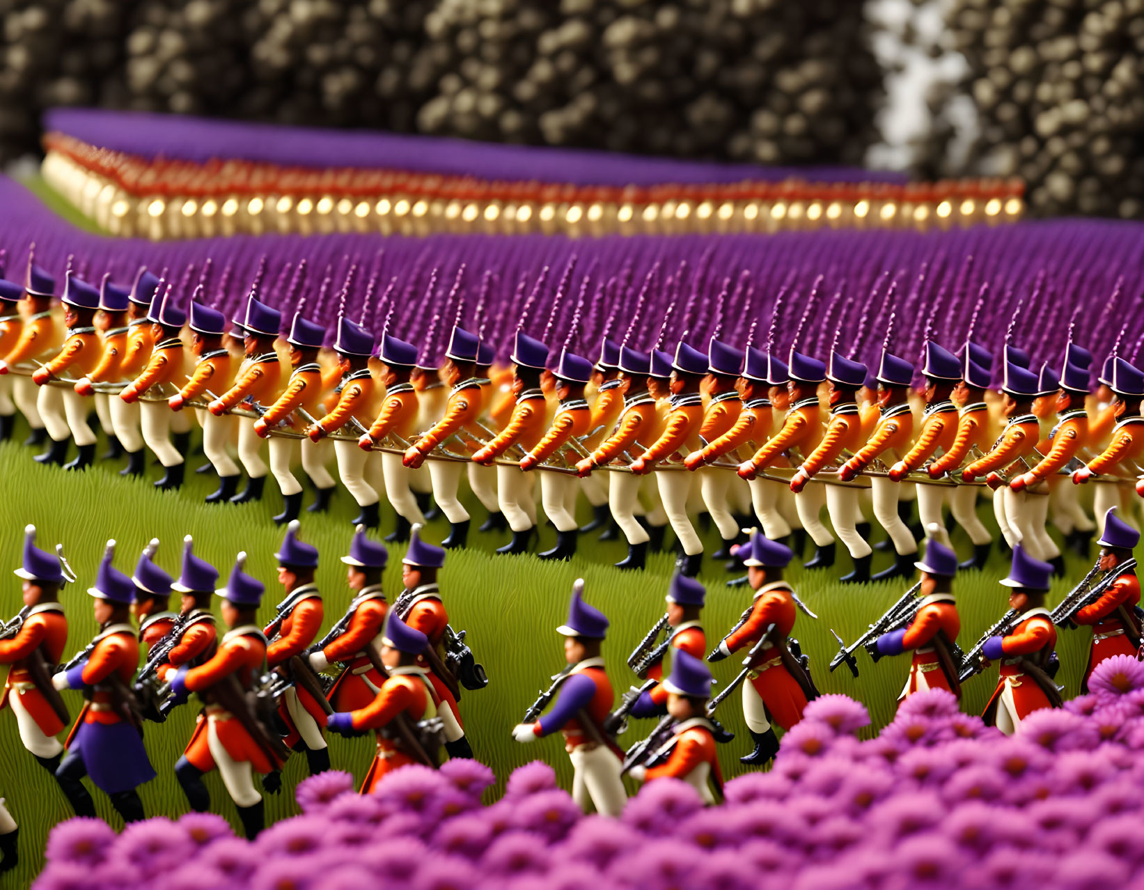 Colorful Toy Soldiers Marching on Grass with Purple Flowers