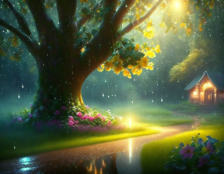 Luminous tree with yellow flowers near cozy cottage in gentle rain