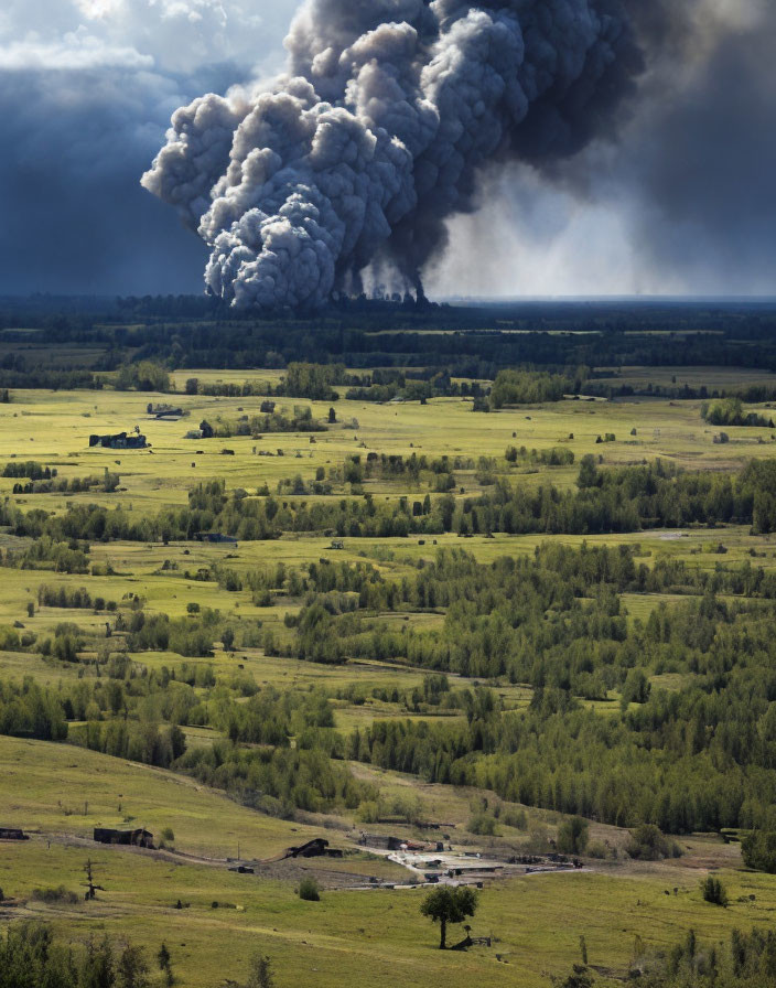 Billowing Smoke Cloud Over Green Landscape and Sky