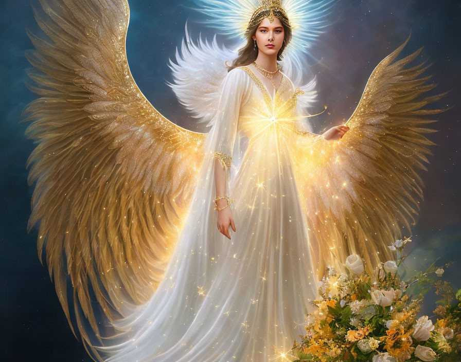 Ethereal being with luminous wings, radiant gown, gold jewelry, and celestial backdrop.