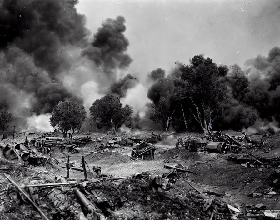 Historical black and white photo of battlefield aftermath