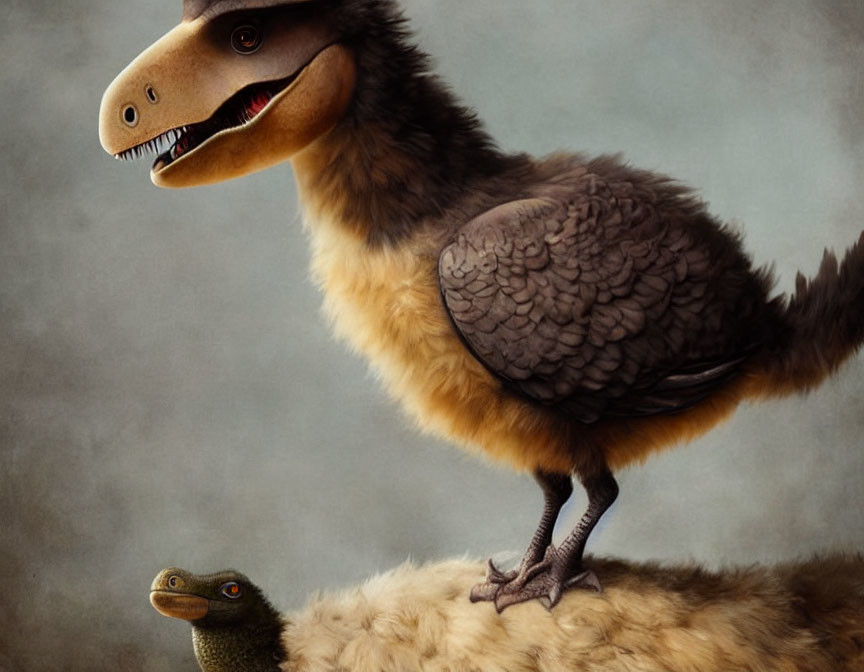 Small feathered dinosaur on larger dinosaur's back prehistoric bird-like features