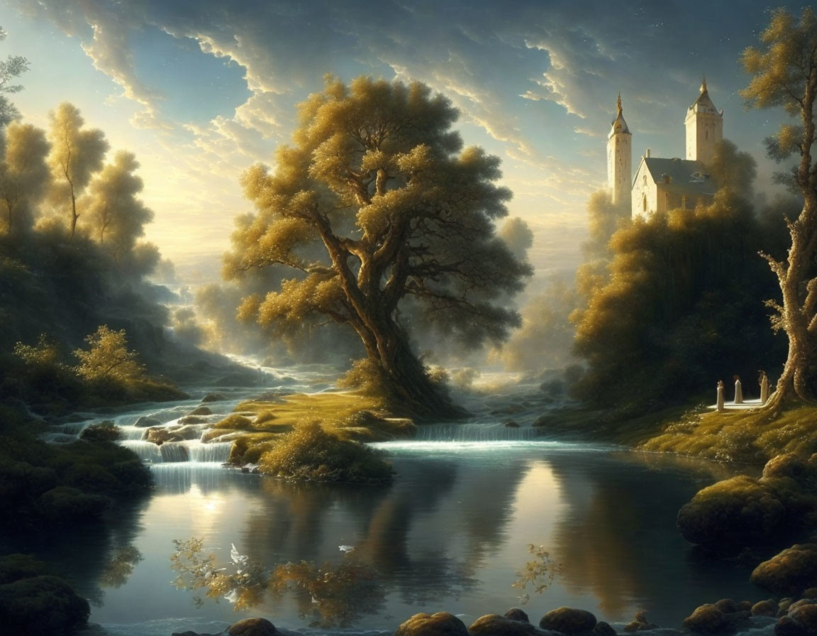 Tranquil landscape with towering tree, serene river, church on hill, misty waterfalls,