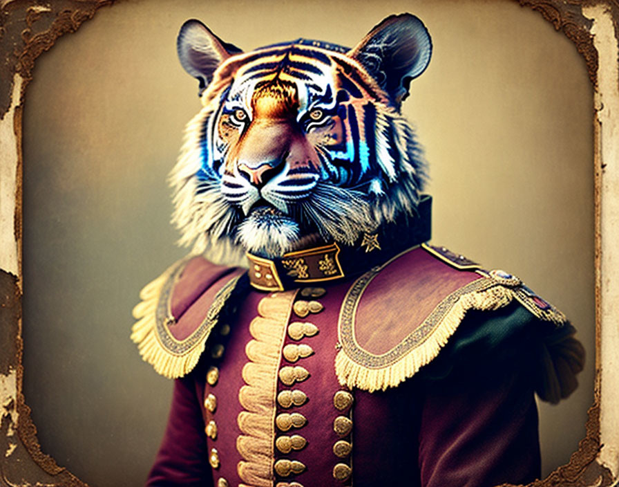 Digital art: Tiger head on human body in vintage military attire on textured background