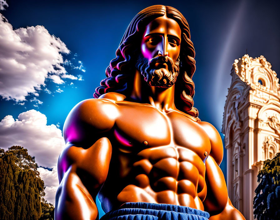 Muscular figure resembling Jesus with radiant light, against blue sky and ornate architecture