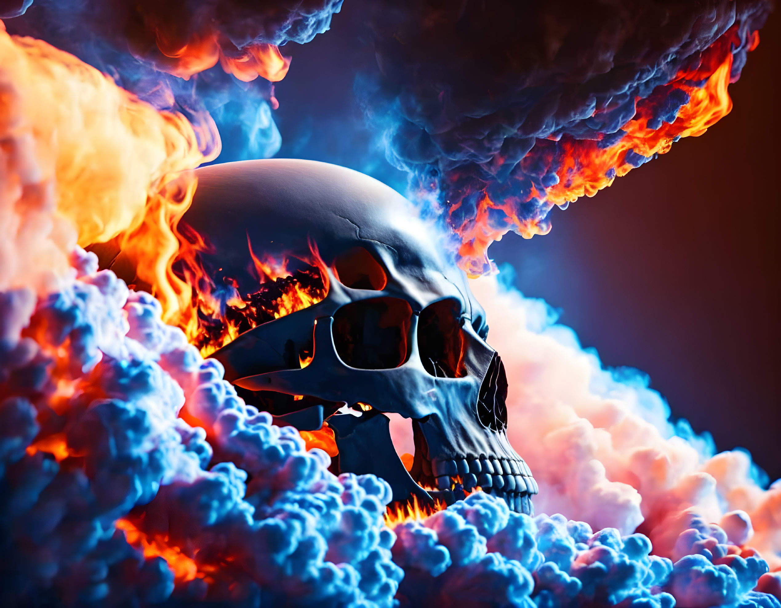 Skull engulfed in blue and orange flames on dark backdrop