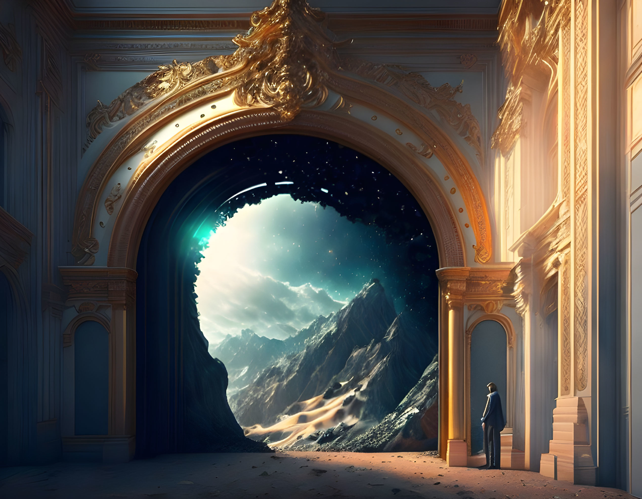 Person standing at ornate doorway overlooking mountain vista