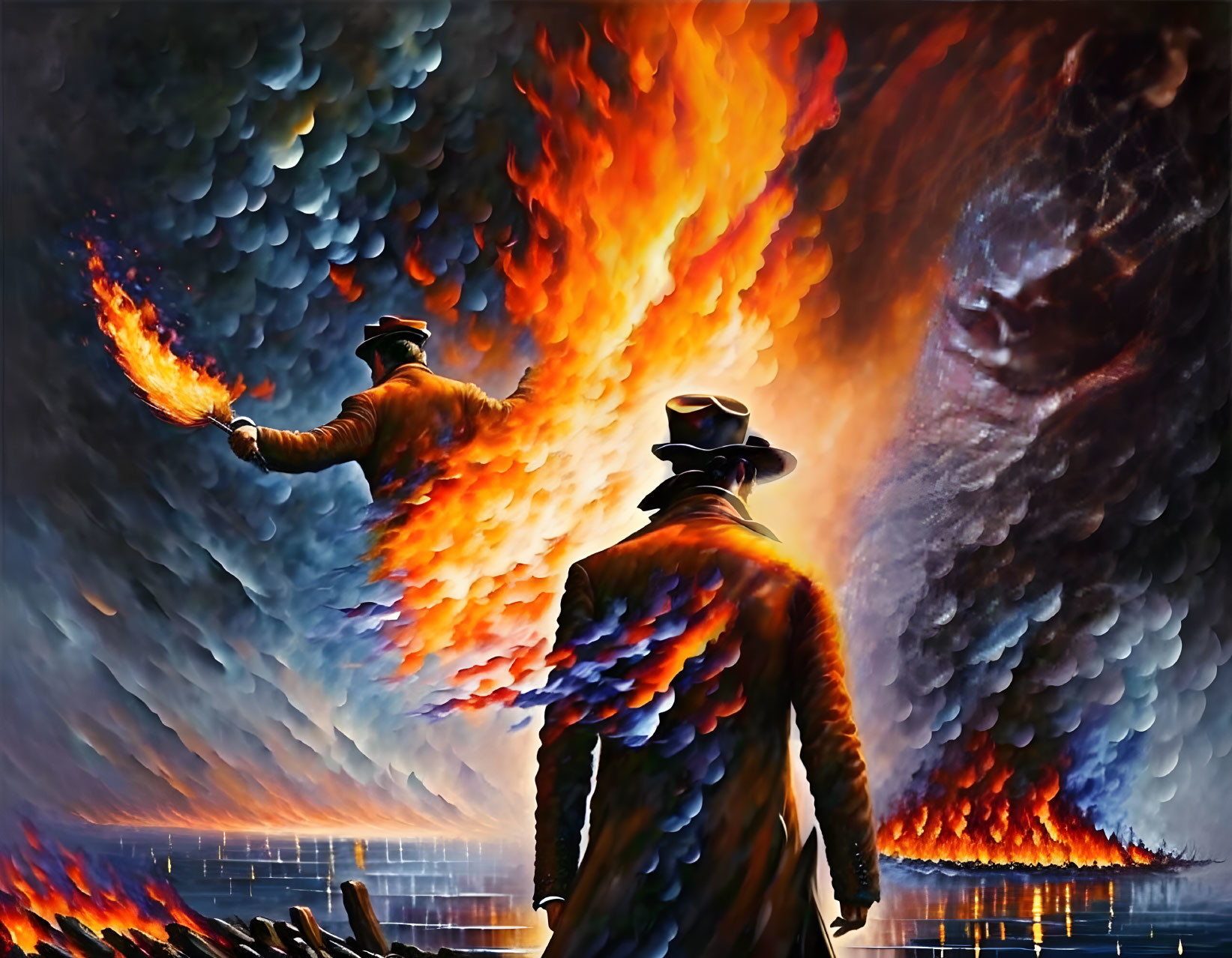 Silhouetted figures with hats facing fiery explosion in dramatic sky